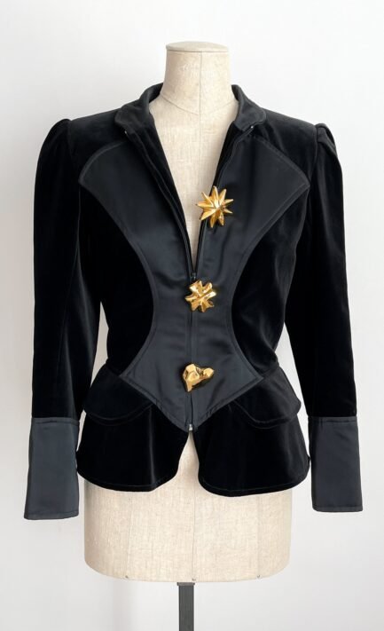 CHRISTIAN LACROIX 1993 Black Velvelt Gold Details Jacket (S)