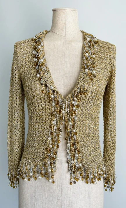 LORIS AZZARO 1971 Gold & Silver Knit Beaded Cardigan (XS-S)