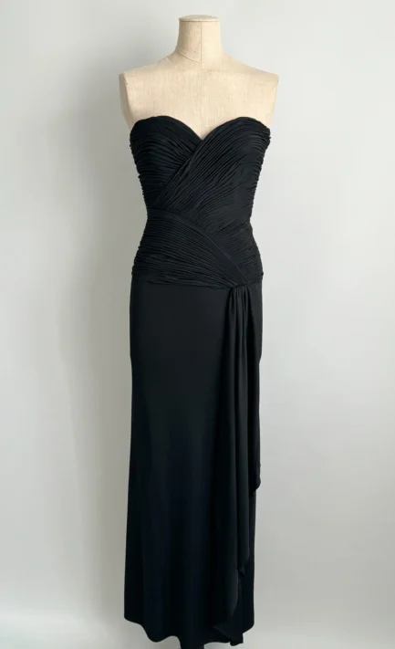 LORIS AZZARO 1978 Black Pleated Bustier Dress (S-M)