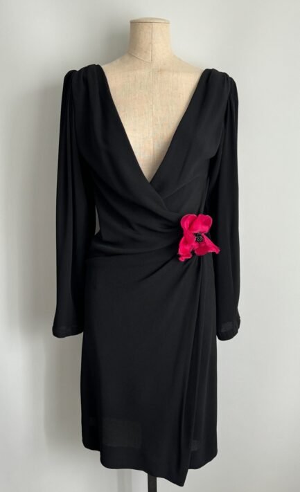 YVES SAINT LAURENT 1990 Black Wrap Midi Dress (S)