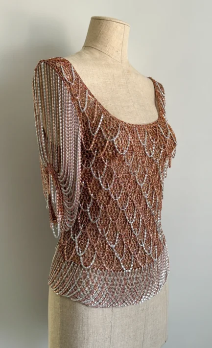 LORIS AZZARO 1973 Pink-Orange-Silver Chainmail Lurex Top (S)