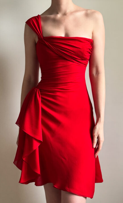 VALENTINO 1994 Corseted Red Midi Silk Dress (XS)