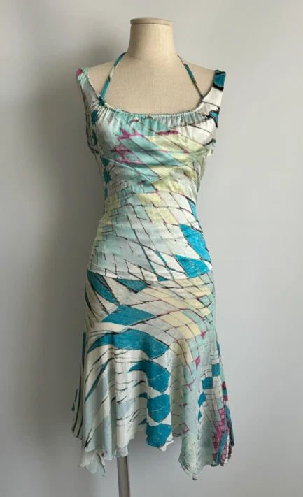 ROBERTO CAVALLI 2004 Blue Mosaic Print Silk Dress (XS-S)
