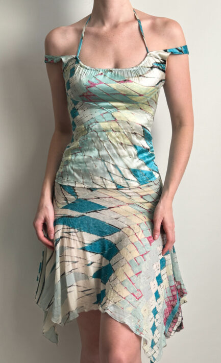 ROBERTO CAVALLI 2004 Blue Mosaic Print Silk Dress (XS-S)