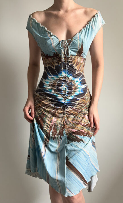 ROBERTO CAVALLI 2004 Blue Feather Print Midi Dress (S-M)