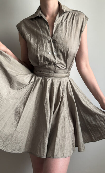 ALAÏA 1988 Grey Nylon Button-Up Blouse & Skirt Set (S)