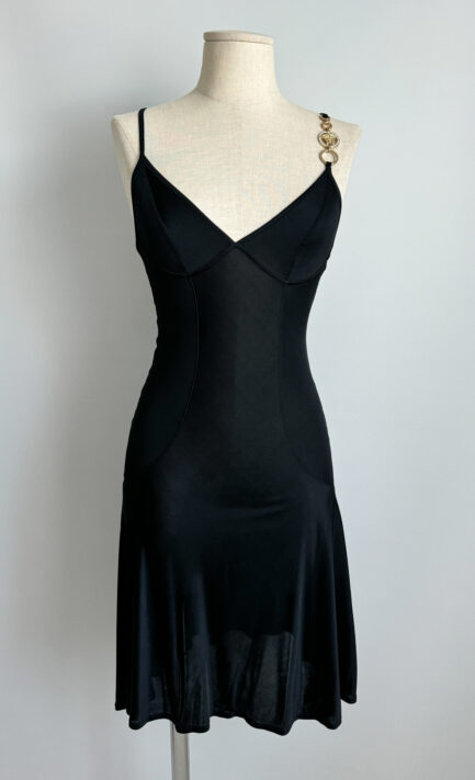 VERSACE 2000s Black Slip Dress with Chain Link Medusa Accent (S)