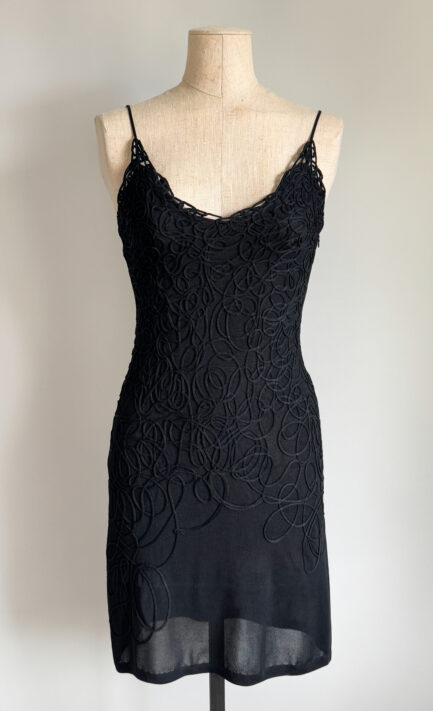THIERRY MUGLER 1999 Black Knit Cord Effect Mini Dress (S)