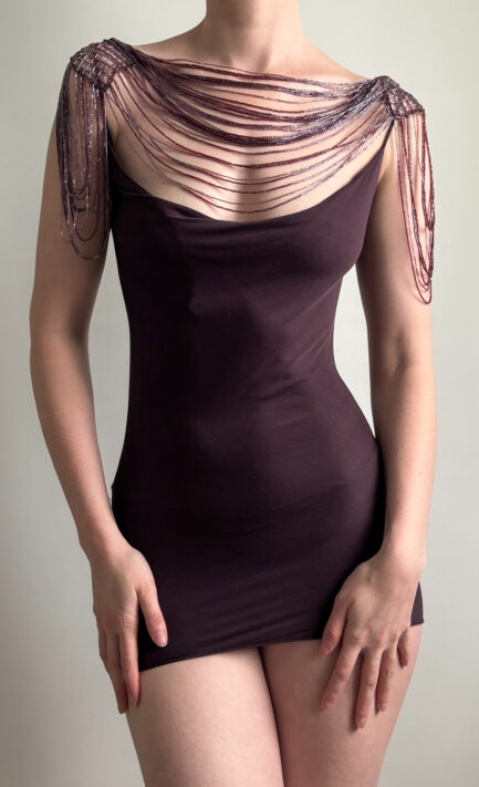 EMANUEL UNGARO 2002 Micro Dress with Beaded Shoulder Draping (S-M)