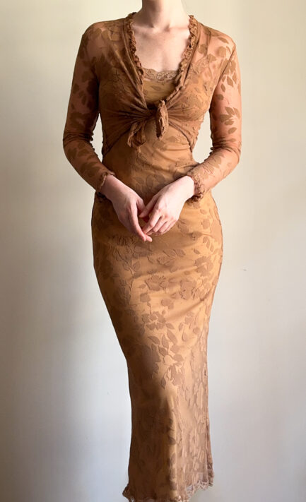 LOLITA LEMPICKA 1998 Brown Leaves Print Dress & Cardigan Set (S-M)