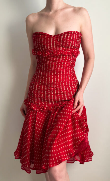 VALENTINO 1987 Red Polka Dot Silk Ruffle Midi Dress (M)