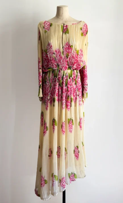 VALENTINO 1979 Floral Pleated Silk Bell Sleeve Maxi Dress (S-M)