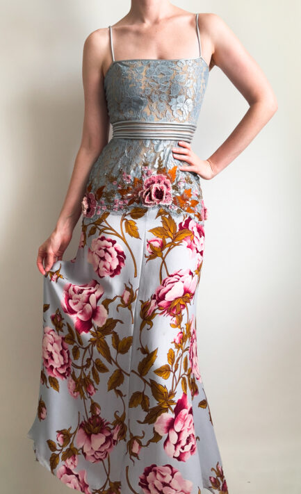 VALENTINO 2006 Light Blue Lace & Beads Floral Maxi Silk Dress (S)