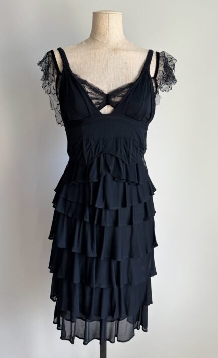 YVES SAINT LAURENT 2004 Black Ruffle Midi Dress (XS-S)