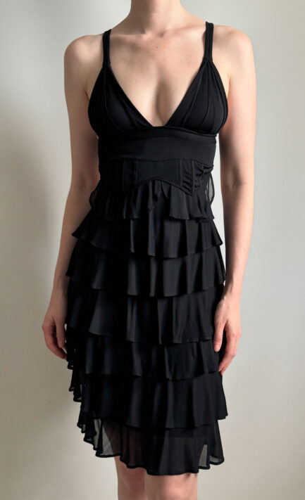 YVES SAINT LAURENT 2004 Black Ruffle Midi Dress (XS-S)