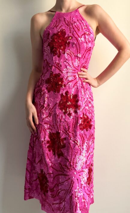 ANNA MOLINARI 2000 Pink Floral Sequin Midi Halter Dress (M)