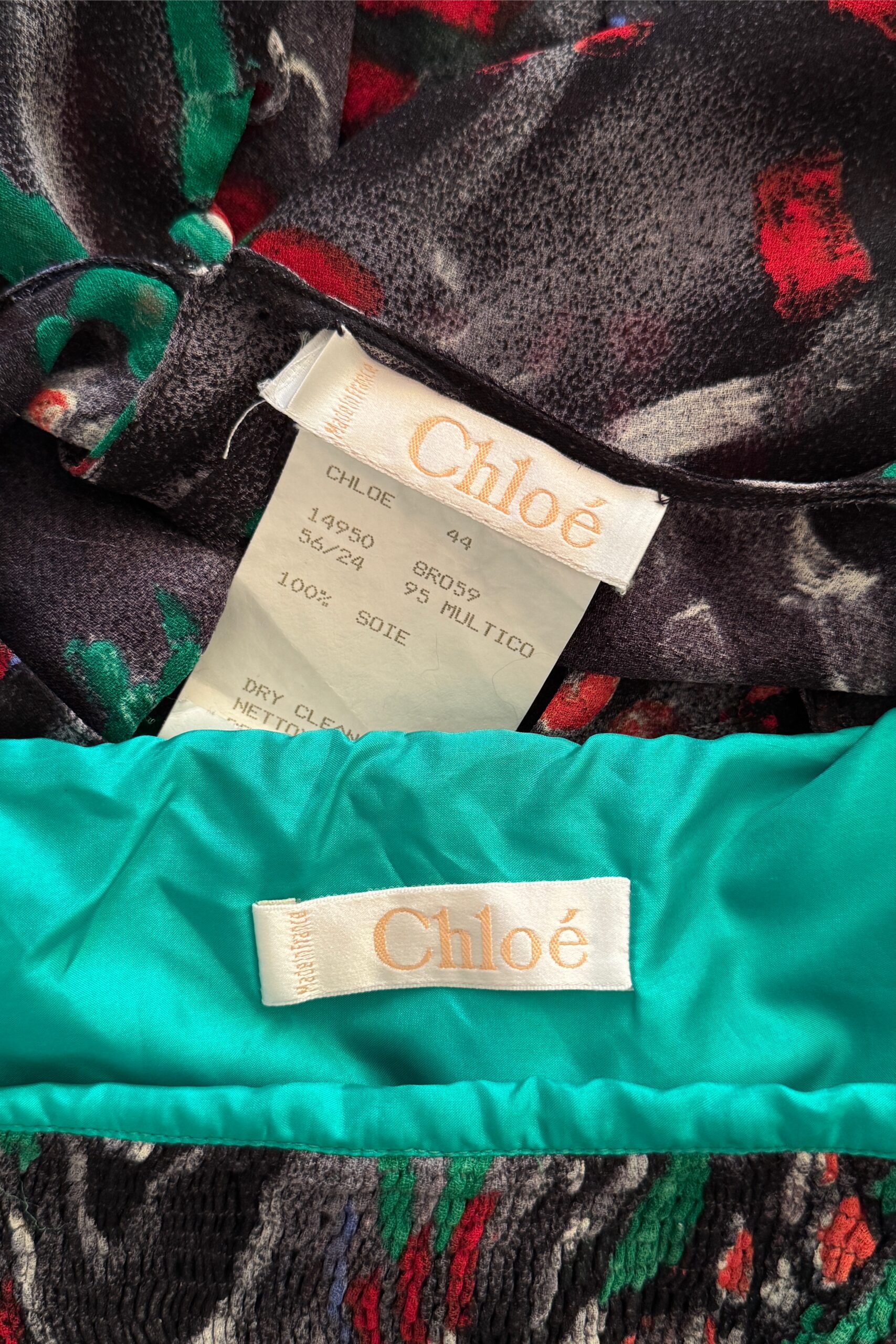 EMERIEU-Chloe-by-Karl-Lagerfeld-FW-1995-vintage-multicolor-printed-floral-sheer-blouse-skirt-set-green-black-red-1 copie