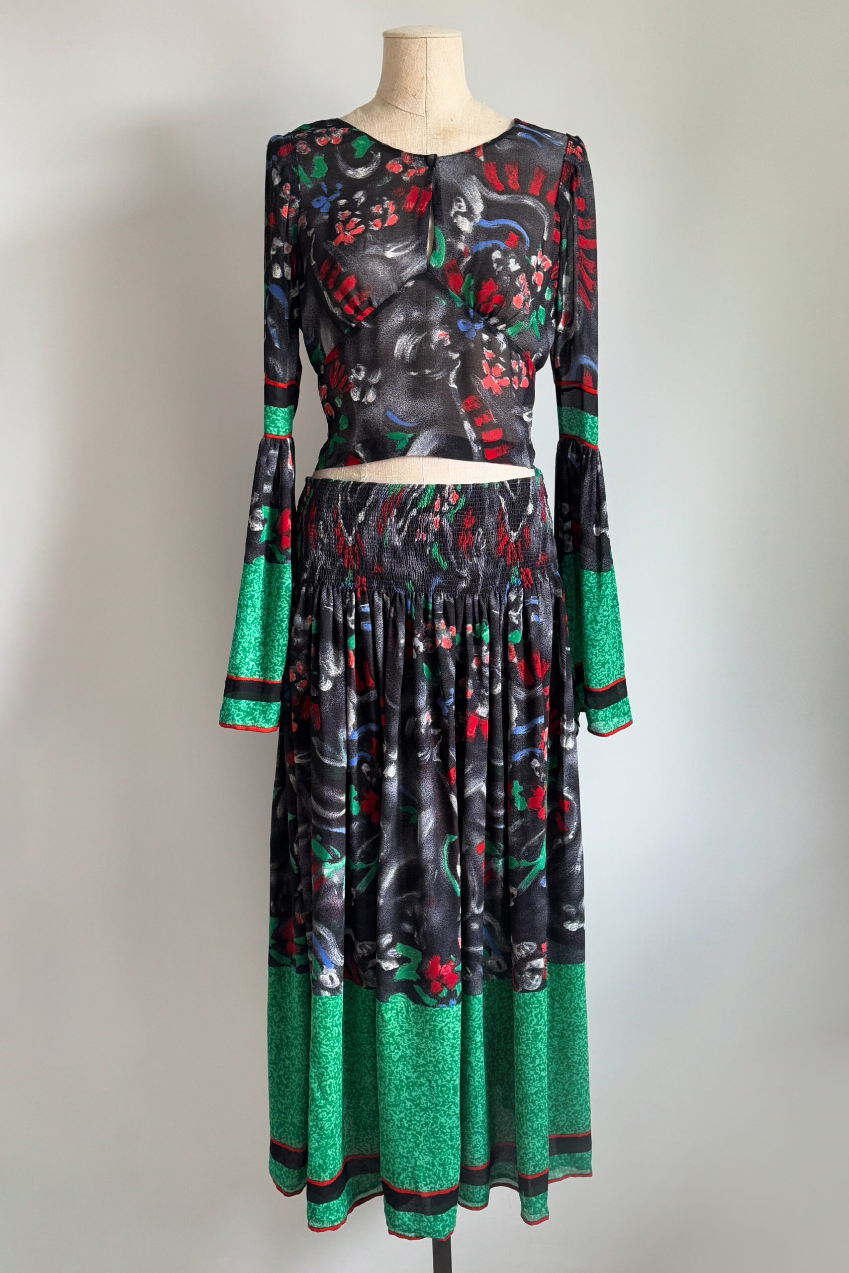 EMERIEU-Chloe-by-Karl-Lagerfeld-FW-1995-vintage-multicolor-printed-floral-sheer-blouse-skirt-set-green-black-red-1