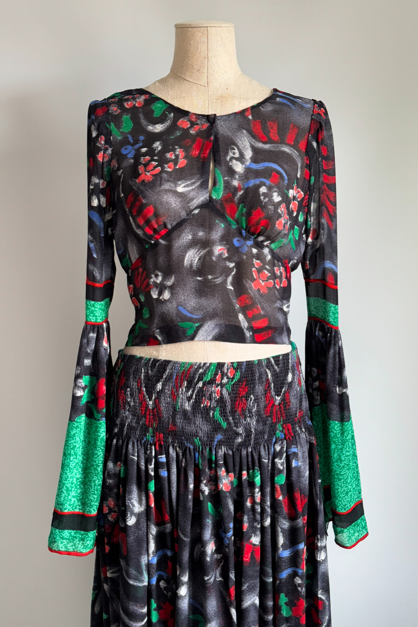EMERIEU-Chloe-by-Karl-Lagerfeld-FW-1995-vintage-multicolor-printed-floral-sheer-blouse-skirt-set-green-black-red-5