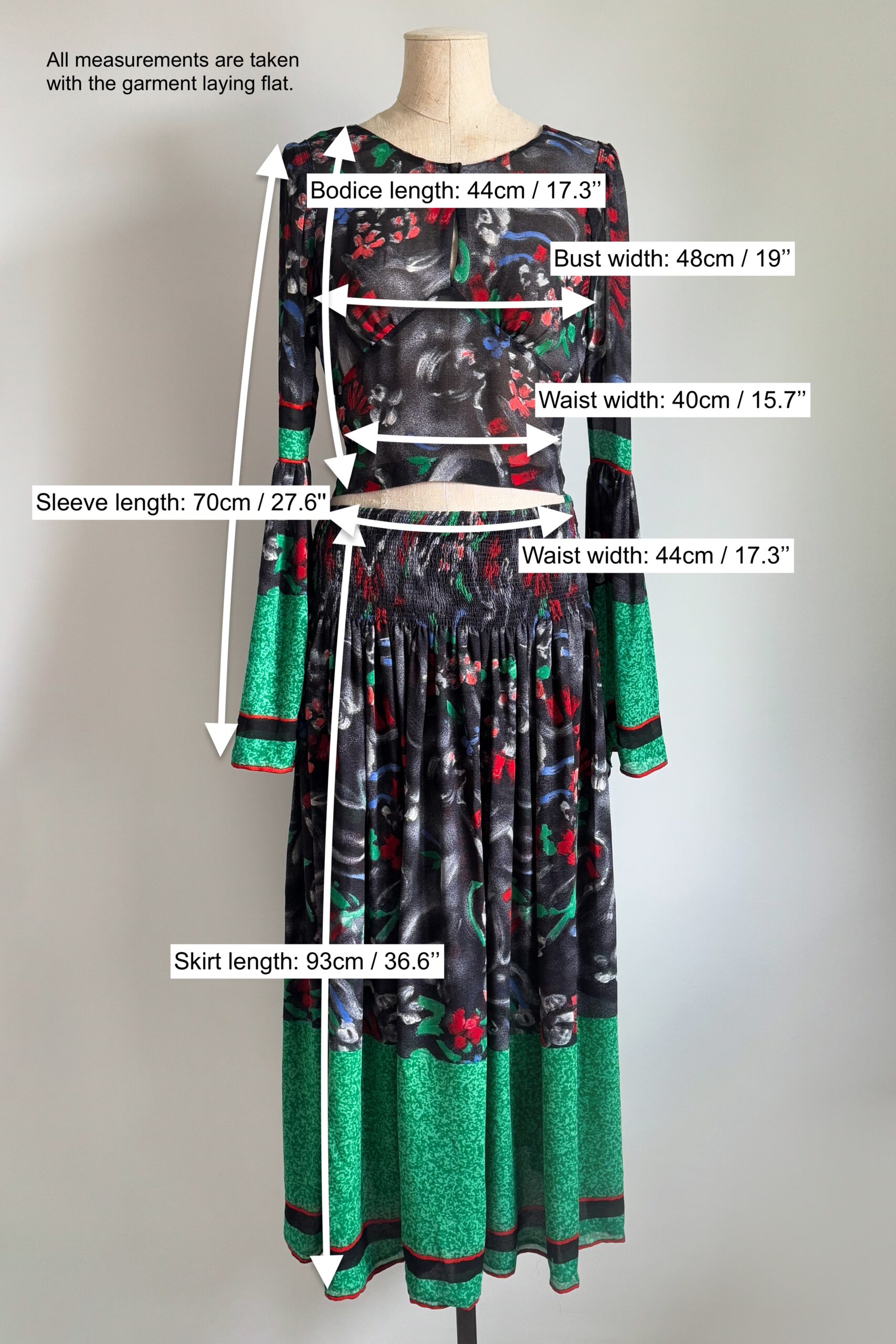 EMERIEU-Chloe-by-Karl-Lagerfeld-FW-1995-vintage-multicolor-printed-floral-sheer-blouse-skirt-set-green-black-red-measurements