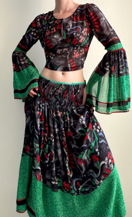 CHLOÉ 1995 Sheer Printed Silk Blouse & Skirt Set (L)