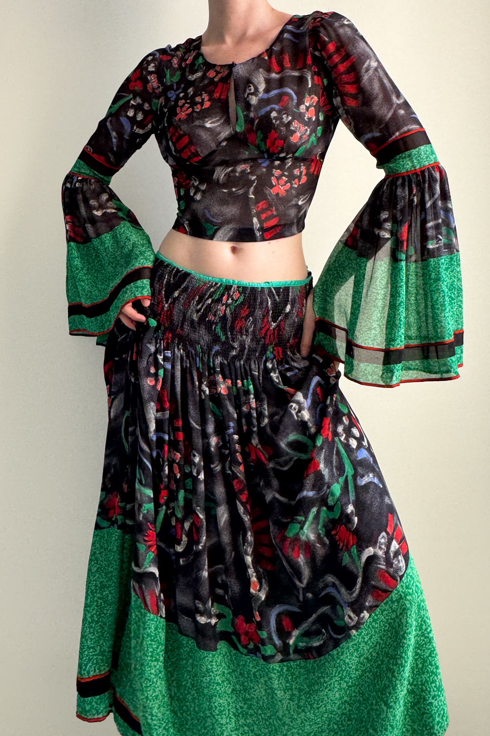 EMERIEU-Chloe-by-Karl-Lagerfeld-FW-1995-vintage-multicolor-printed-floral-sheer-blouse-skirt-set-green-black-red-model