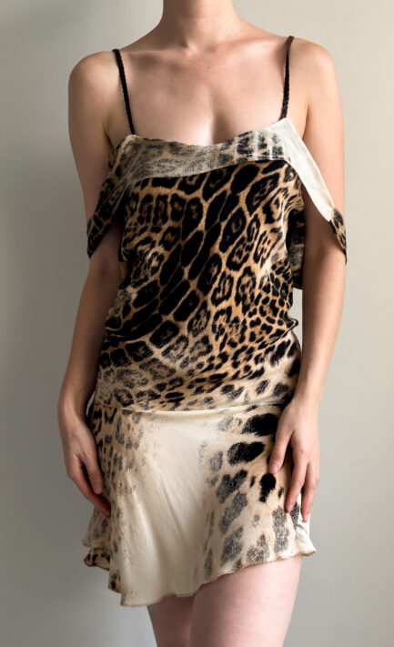 ROBERTO CAVALLI 2002 Leopard Off-Shoulder Leather Straps Dress (S-M)