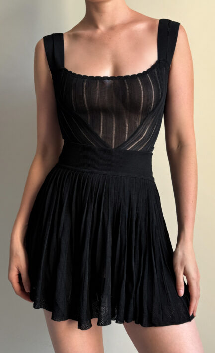 ALAÏA 1992 Black Bodysuit & Skirt Ribbed Knit Set (S-M)
