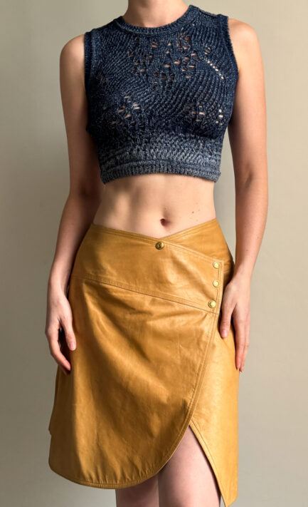 CHRISTIAN DIOR 2000 Blue Knit Crop Top & Camel Leather Skirt Set (M-L)