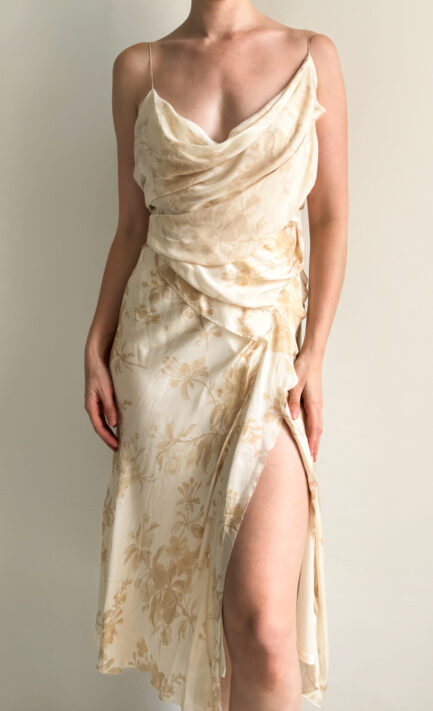 DONNA KAREN 2004 Asymmetrical Cream Silk Midi Dress (S)