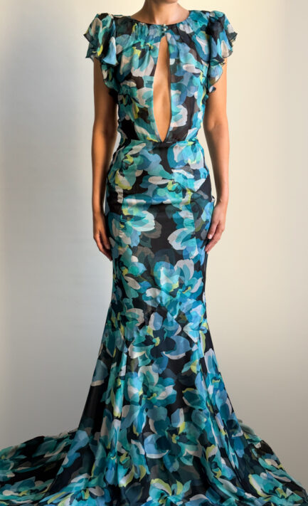 GUCCI 2006 Blue Floral Keyhole Silk Gown (XS)