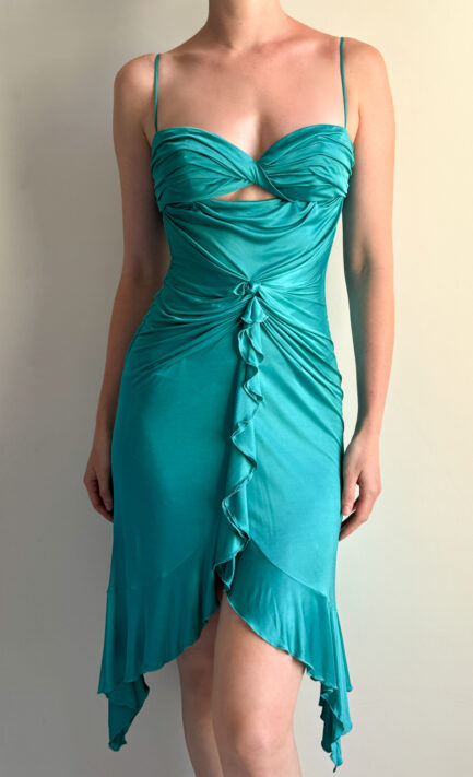 VERSACE 2004 Turquoise Bustier Cut Out Midi Ruffle Dress (M)
