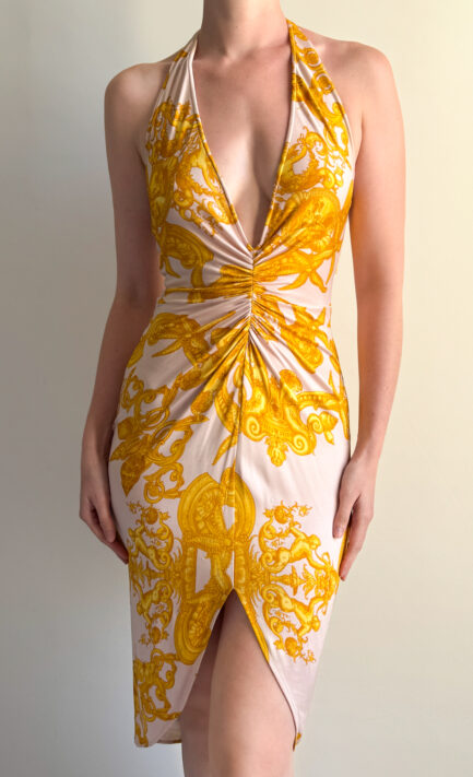 VERSACE 2005 Pink & Yellow Ruched Halter Dress (S)
