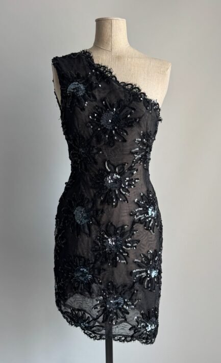 YVES SAINT LAURENT 1991 Black Asymmetrical Floral Sequin Dress (S)