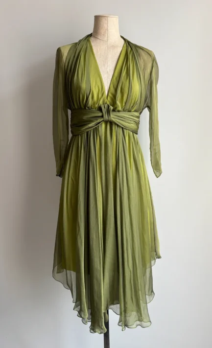 CHLOÉ 1992 Olive Green Silk Midi Dress (M-L)