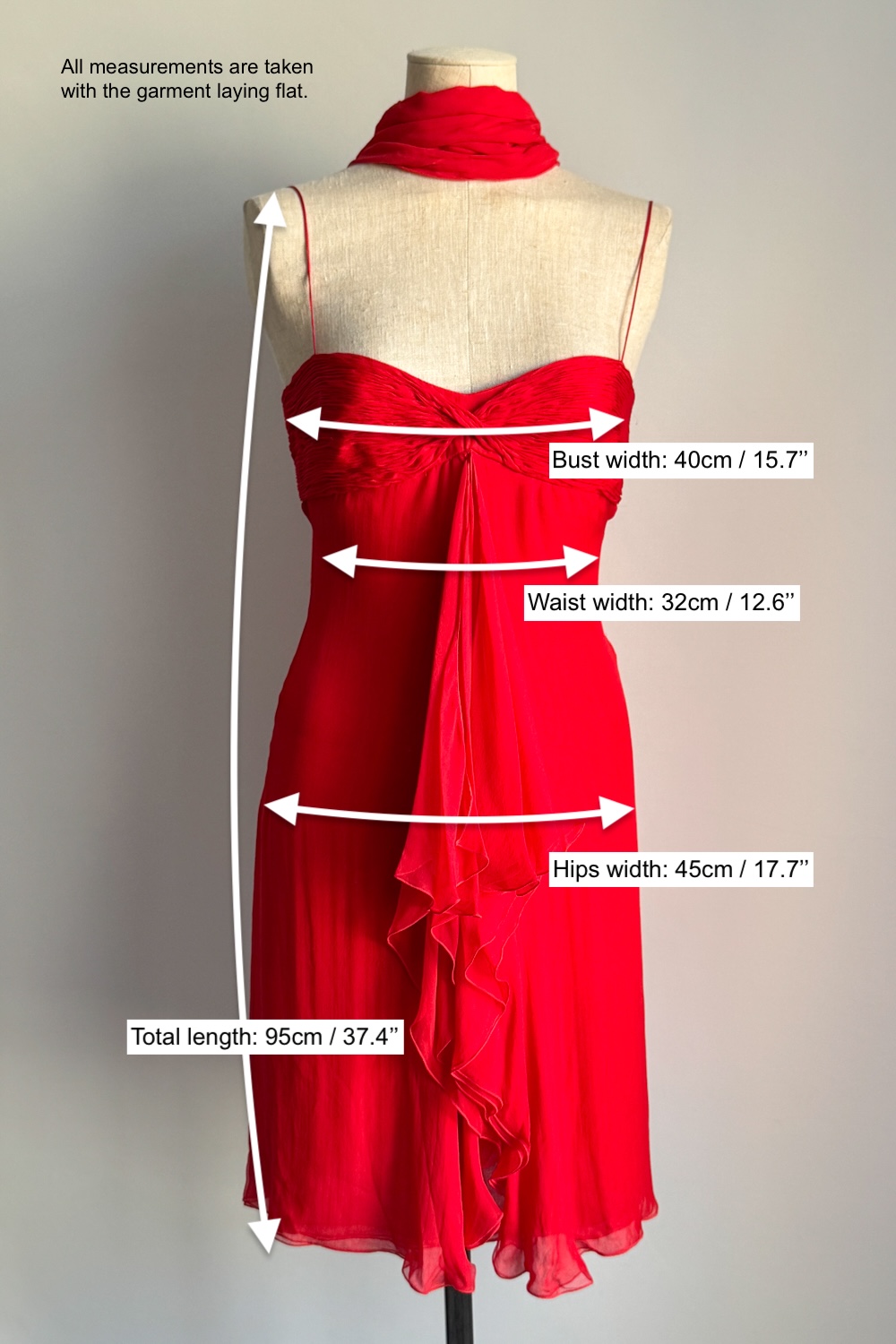 EMERIEU-Valentino-2000s-20003-vintage-red-pleated-mini-scarf-dress-set-measurements