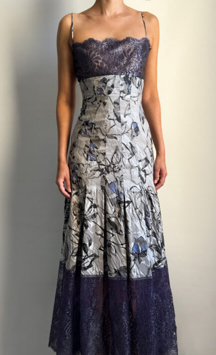 VALENTINO 1997 Purple & Silver Floral Silk Gown (XS)