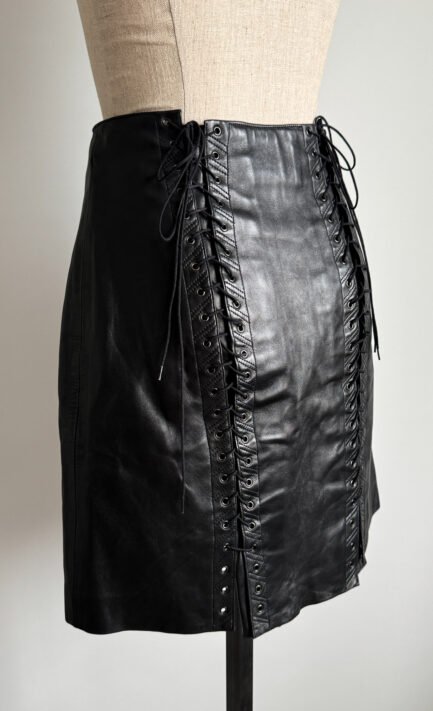ALAÏA 1990 Black Leather Lace Up Back Skirt (M)