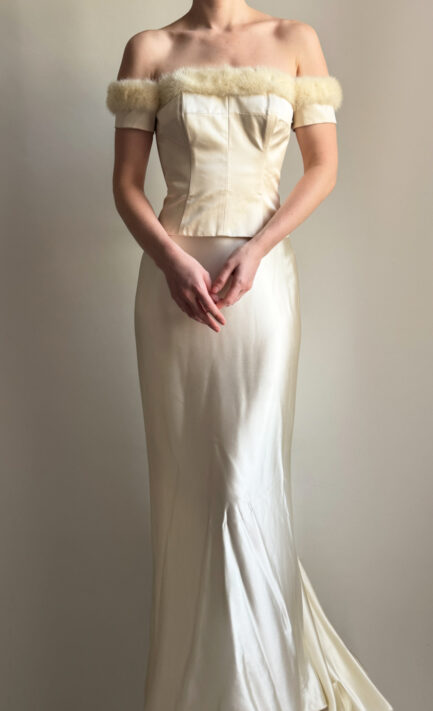 ANNA MOLINARI 1995 Ivory Fur Trim Corset & Skirt Set (L)