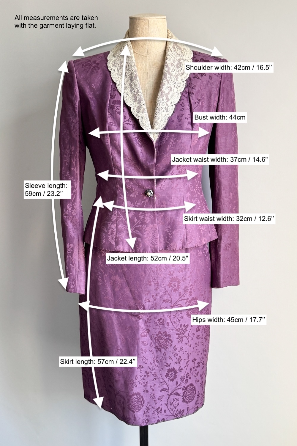 EMERIEU-Christian-Dior-by-John-Galliano-SS-1998-vintage-purple-lilac-floral-lace-jacket-skirt-ensemble-set-measurements