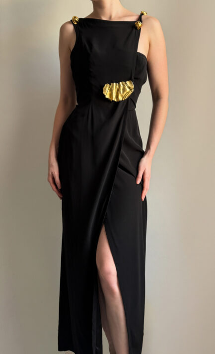 CHRISTIAN LACROIX 1993 Asymmetrical Black Dress with Gold Hardware (L)