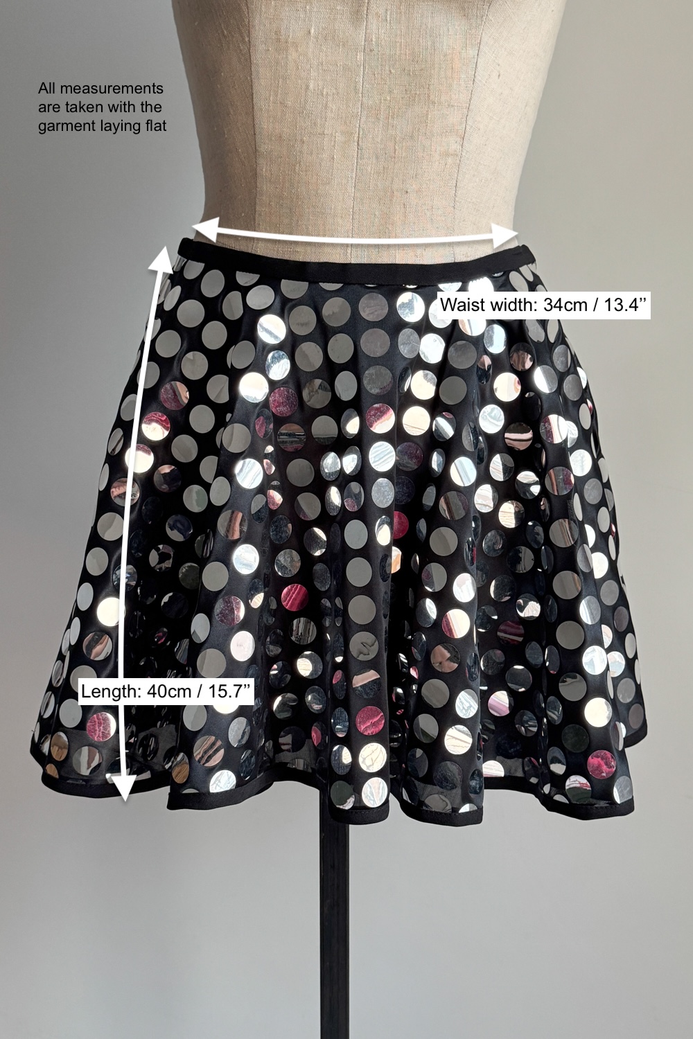 EMERIEU-Dolce-&-Gabbana-SS-1995-vintage-black-reflective-silver-discs-glitter-sequin-mini-flared-skirt-measurements