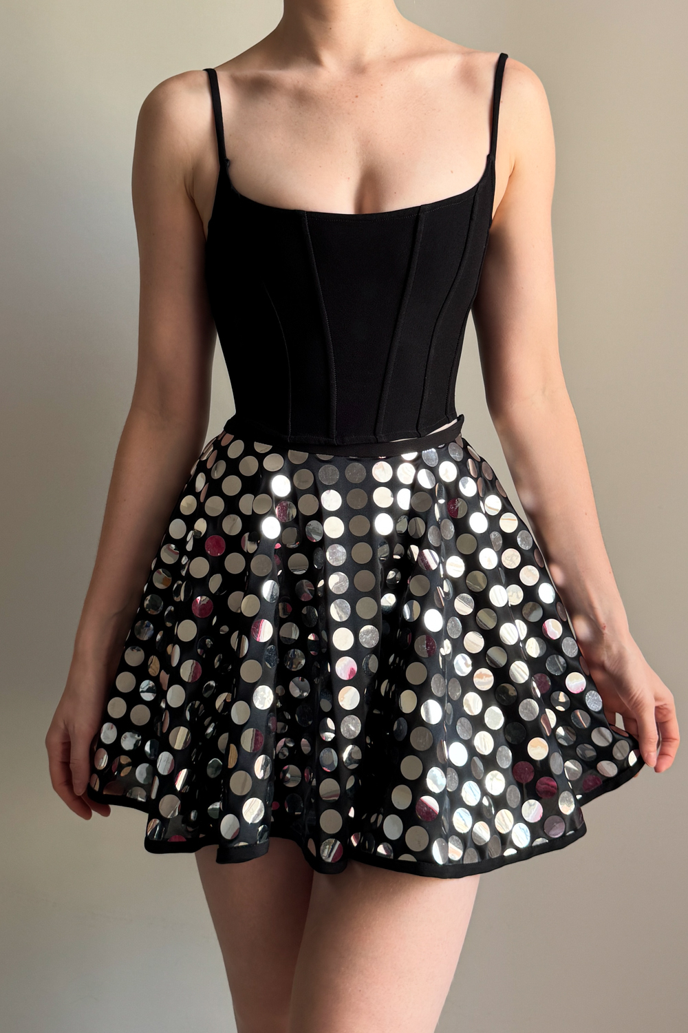 EMERIEU-Dolce-&-Gabbana-SS-1995-vintage-black-reflective-silver-discs-glitter-sequin-mini-flared-skirt-model