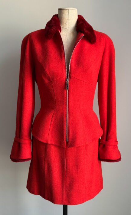 THIERRY MUGLER 1990's Red Wool Lace-up Jacket & Skirt Set (S)