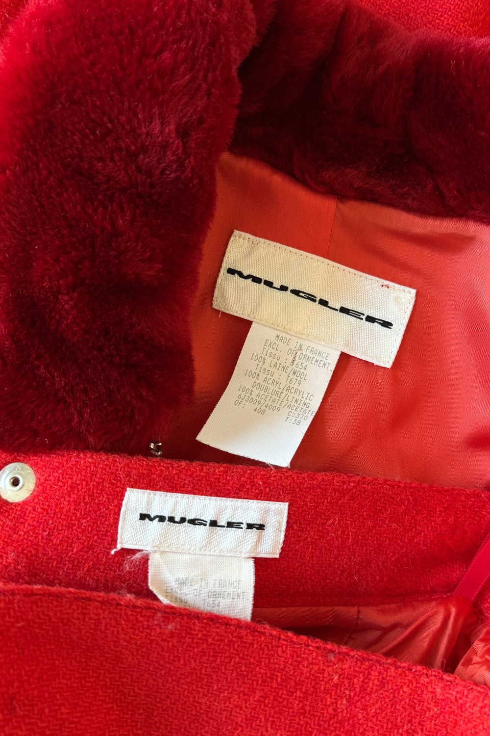 EMERIEU-Mugler-1990s-vintage-red-wool-jacket-mini-skirt-fur-set-labels