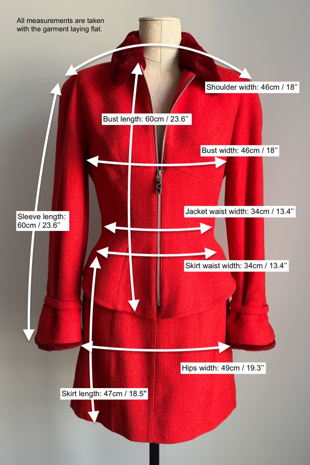 EMERIEU-Mugler-1990s-vintage-red-wool-jacket-mini-skirt-fur-set-measurements