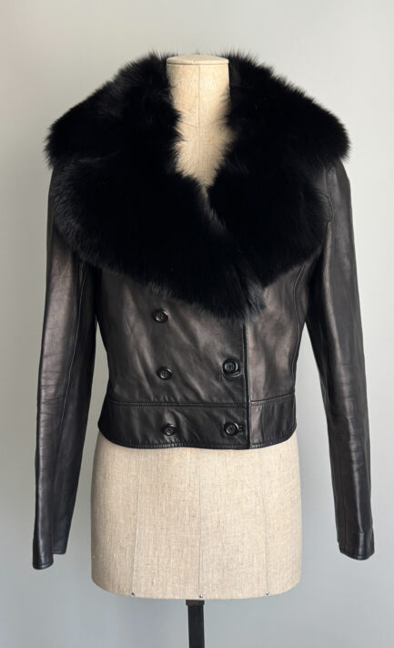 VALENTINO 2000 Black Leather Fur Collar Jacket (M-L)