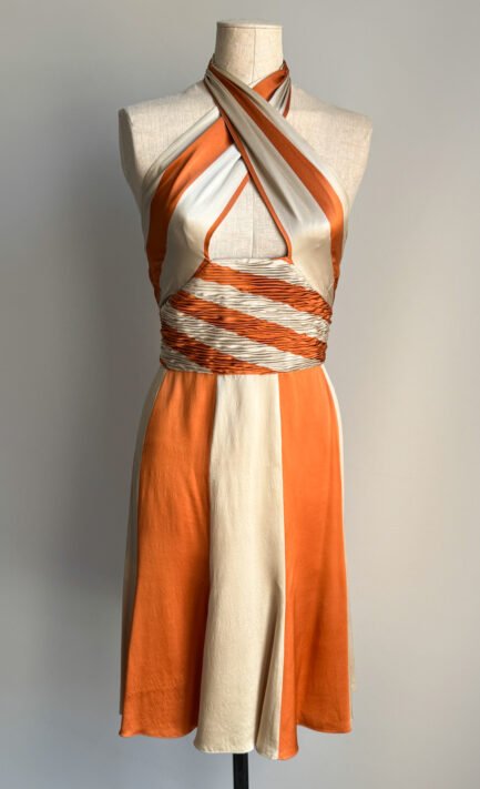 VALENTINO 2005 Crossed Neckline Striped Silk Midi Dress (M)