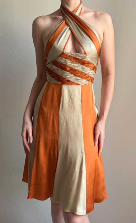 VALENTINO 2005 Crossed Neckline Striped Silk Midi Dress (M)