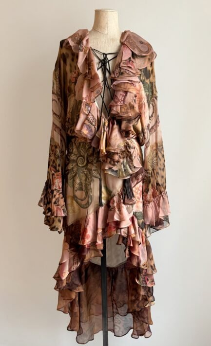 ROBERTO CAVALLI 2005 Brown Silk Ruffle Lace Up Dress (S-M-L)